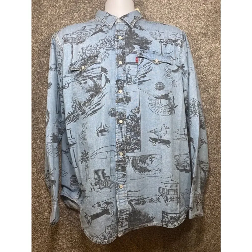 Levis The Western Standard Fit Mens Large Denim Pearl Snap All Over Print Cowboy